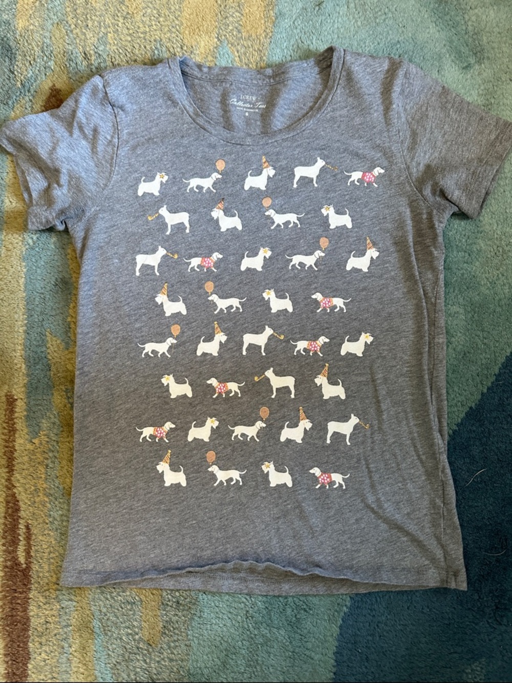 J. Crew Grey Tee with White Dog Pattern and Pink Accents